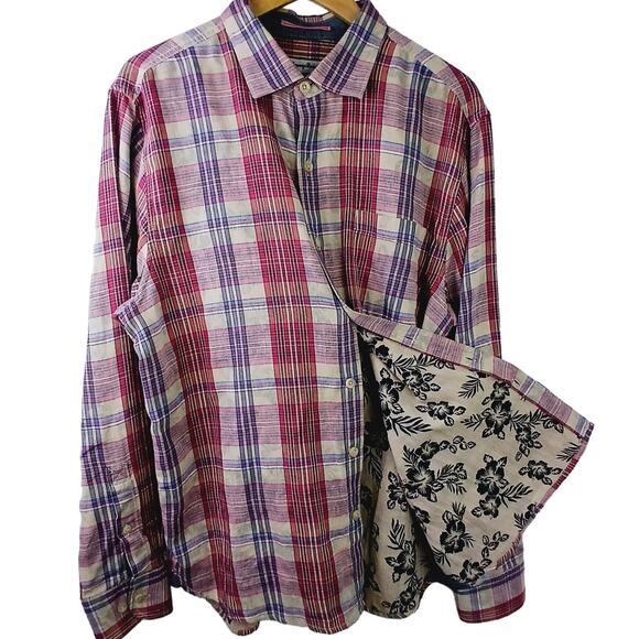 Tommy Bahama SZ L Palapa Plaid Soak Through Fabric Floral Interior Shirt $135 - Picture 1 of 6